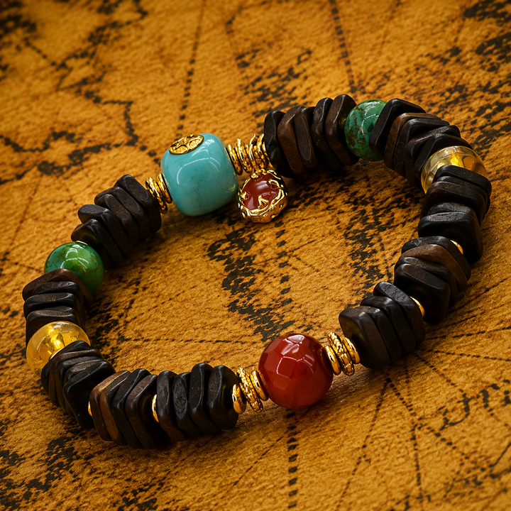 Himalayan Artisan Dark Wood Disc & Multigemstone Meditation Bracelet with Turquoise and Amber Accents
