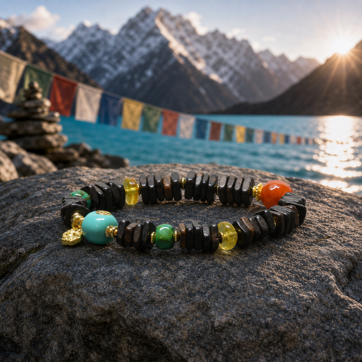 Himalayan Artisan Dark Wood Disc & Multigemstone Meditation Bracelet with Turquoise and Amber Accents