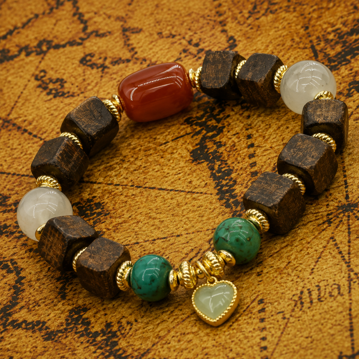 Himalayan Spiritual Wooden Cube & Multigemstone Meditation Bracelet with Turquoise, Red Agate, and Jade Heart Charm