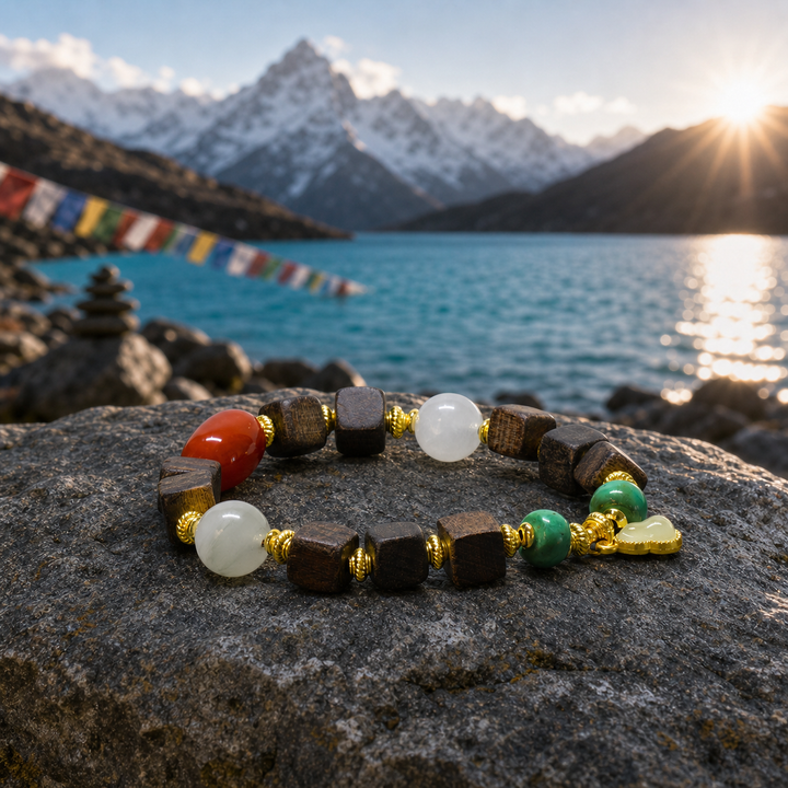 Himalayan Spiritual Wooden Cube & Multigemstone Meditation Bracelet with Turquoise, Red Agate, and Jade Heart Charm
