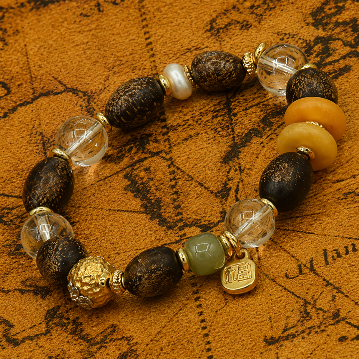 Handcrafted Himalayan Bodhi Seed & Clear Quartz Meditation Bracelet with Amber Discs and Chinese Blessing Charm