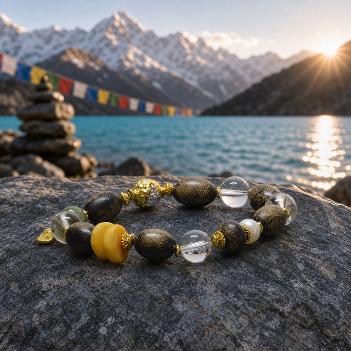 Handcrafted Himalayan Bodhi Seed & Clear Quartz Meditation Bracelet with Amber Discs and Chinese Blessing Charm