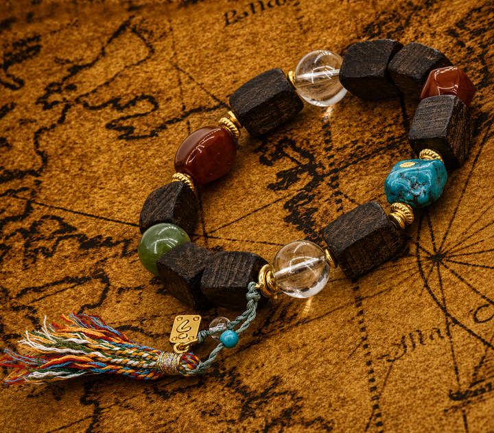 Artisan Himalayan Dark Wood Cube & Multigemstone Chakra Bracelet with Turquoise, Clear Quartz, and Five-Color Prayer Tassel