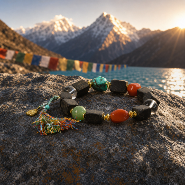 Artisan Himalayan Dark Wood Cube & Multigemstone Chakra Bracelet with Turquoise, Clear Quartz, and Five-Color Prayer Tassel