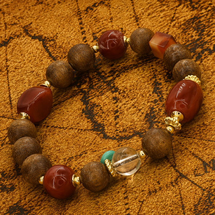 Himalayan Bodhi Seed & Red Agate Meditation Bracelet with Clear Quartz and Gold Spacers - Authentic Handcrafted Spiritual Jewelry