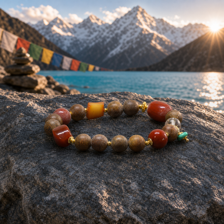 Himalayan Bodhi Seed & Red Agate Meditation Bracelet with Clear Quartz and Gold Spacers - Authentic Handcrafted Spiritual Jewelry