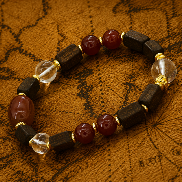 Himalayan Dark Wood Cube & Red Agate Mala Bracelet with Clear Quartz Crystals and Gold Accents - Mindfulness & Energy Jewelry