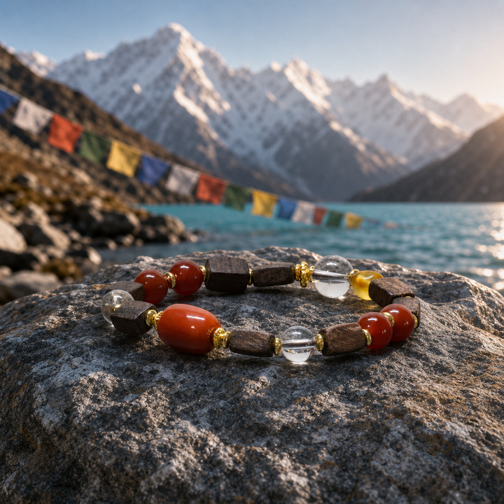 Himalayan Dark Wood Cube & Red Agate Mala Bracelet with Clear Quartz Crystals and Gold Accents - Mindfulness & Energy Jewelry