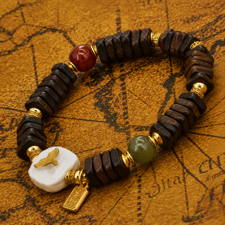 Handcrafted Shambhala Sacred Tibetan Dark Wood & Bone Bird Carving Bracelet with Green Jade and Red Agate Focal Beads