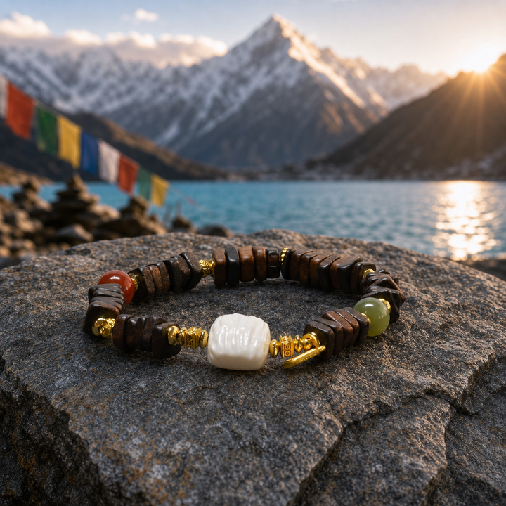 Handcrafted Shambhala Sacred Tibetan Dark Wood & Bone Bird Carving Bracelet with Green Jade and Red Agate Focal Beads