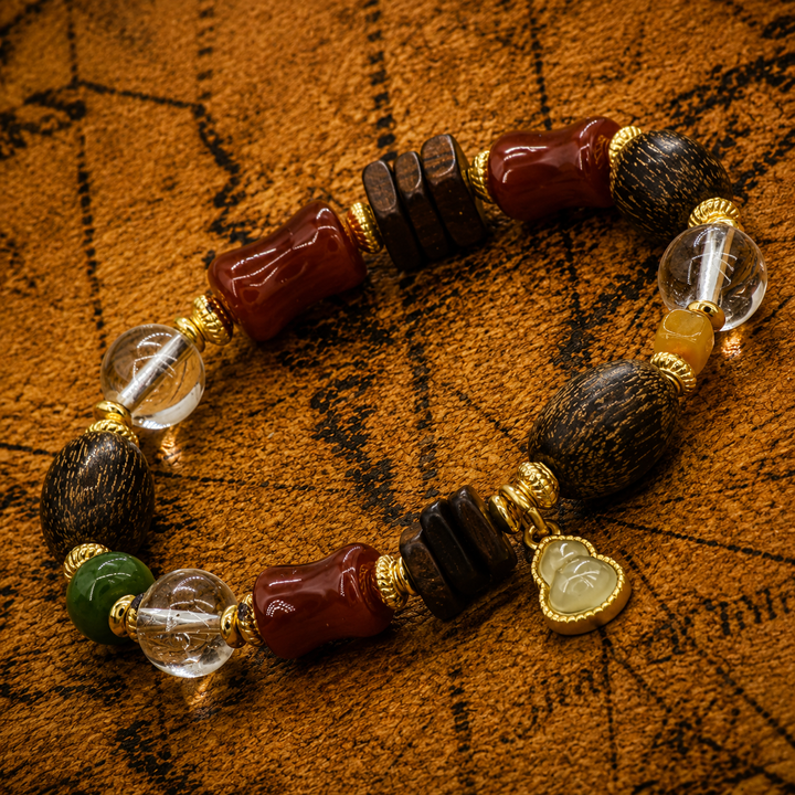Tibetan Natural Wood & Clear Quartz Crystal Bracelet with Red Agate and Jade Gourd Amulet - Authentic Artisanal Mindfulness Jewelry