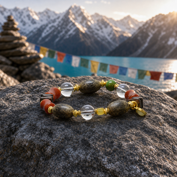 Tibetan Natural Wood & Clear Quartz Crystal Bracelet with Red Agate and Jade Gourd Amulet - Authentic Artisanal Mindfulness Jewelry