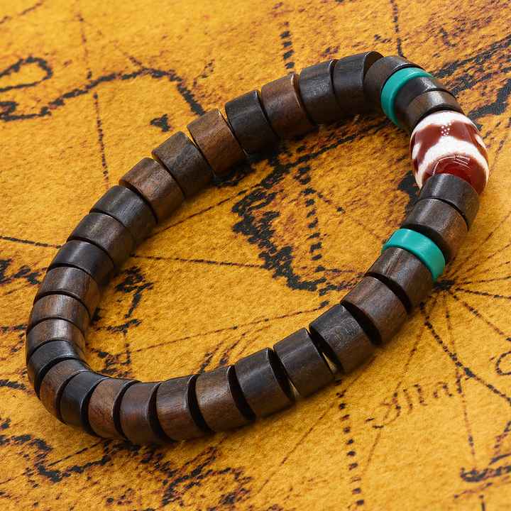Authentic Himalayan Dark Wood Mala Bead Bracelet Featuring a Sacred Brown & White Patterned Dzi Bead and Vibrant Turquoise Accent Spacers