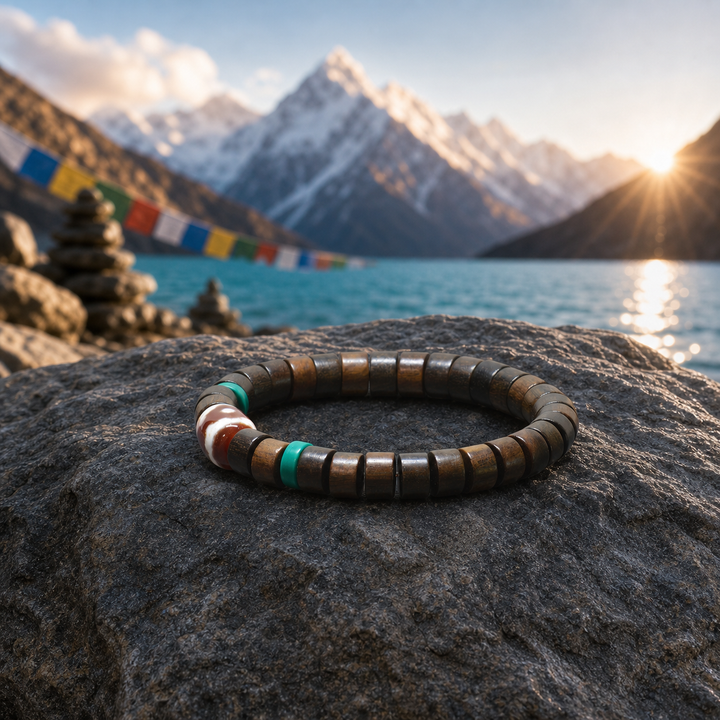 Authentic Himalayan Dark Wood Mala Bead Bracelet Featuring a Sacred Brown & White Patterned Dzi Bead and Vibrant Turquoise Accent Spacers