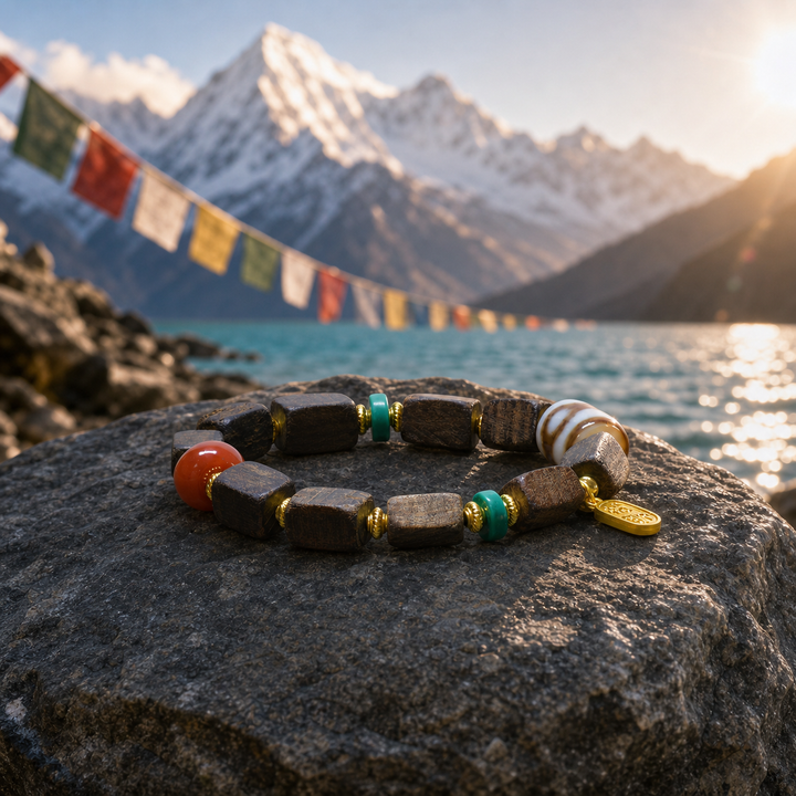 Handcrafted Himalayan Dark Wood Block Bead Bracelet with Patterned Dzi Stone, Turquoise Accents, Red Agate, and Gold-Tone Mantra Charm