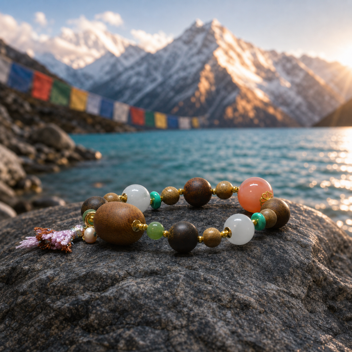 Multicolor Sandalwood and Gemstone Meditation Bracelet Featuring White Jade, Red Agate, Turquoise, and an Elegant Tassel Charm