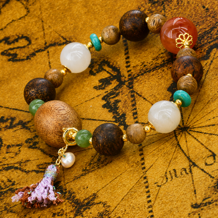 Multicolor Sandalwood and Gemstone Meditation Bracelet Featuring White Jade, Red Agate, Turquoise, and an Elegant Tassel Charm