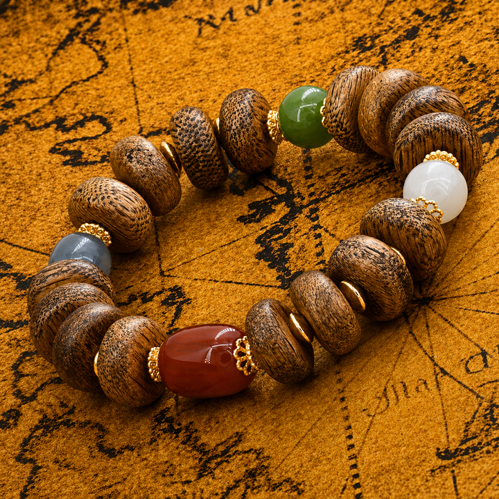 Handcrafted Natural Wood and Multi-Gemstone Prayer Bead Bracelet Featuring Jade, Red Agate, and Gold-Tone Accents