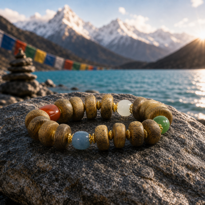 Handcrafted Natural Wood and Multi-Gemstone Prayer Bead Bracelet Featuring Jade, Red Agate, and Gold-Tone Accents