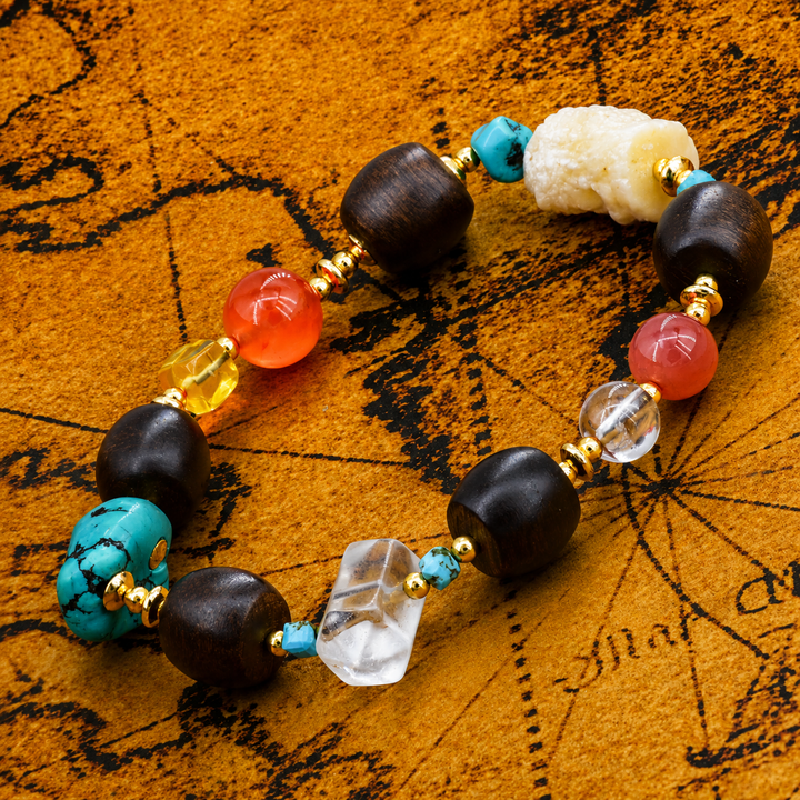 Handmade Himalayan Prayer Bead Bracelet Featuring Natural Wood, Turquoise, Red Agate, and Carved Bone Accents