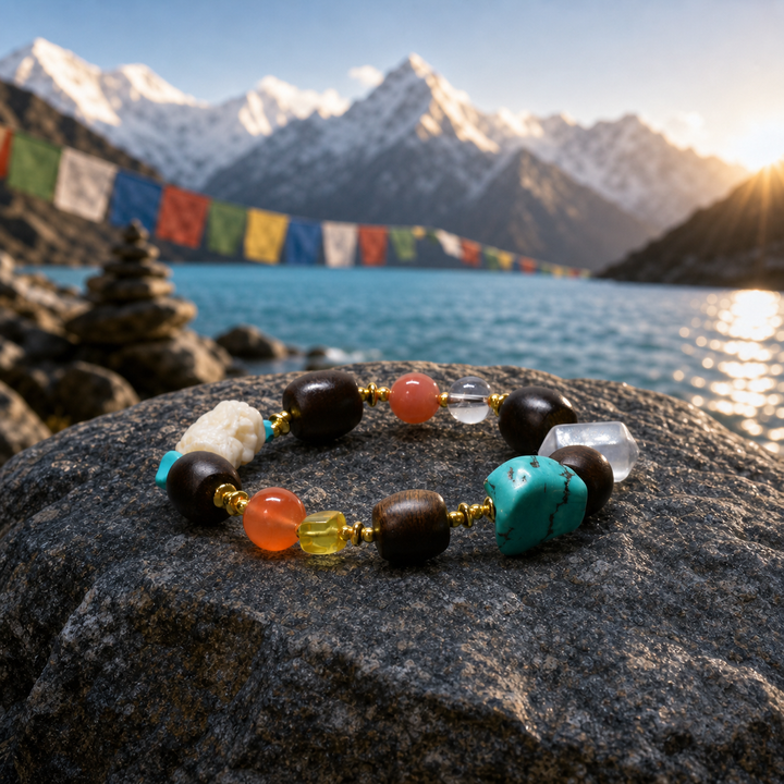 Handmade Himalayan Prayer Bead Bracelet Featuring Natural Wood, Turquoise, Red Agate, and Carved Bone Accents