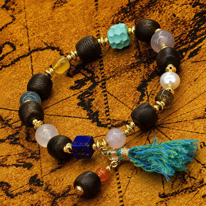Authentic Tibetan Mala Prayer Bead Bracelet Featuring Natural Wood, Lapis Lazuli, Cultured Pearl, and Blue Tassel Accents