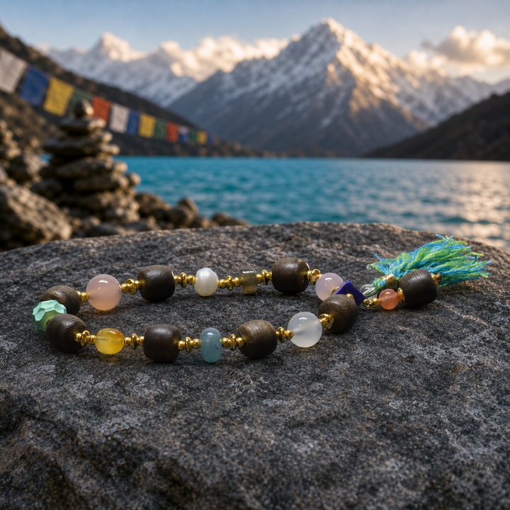 Authentic Tibetan Mala Prayer Bead Bracelet Featuring Natural Wood, Lapis Lazuli, Cultured Pearl, and Blue Tassel Accents