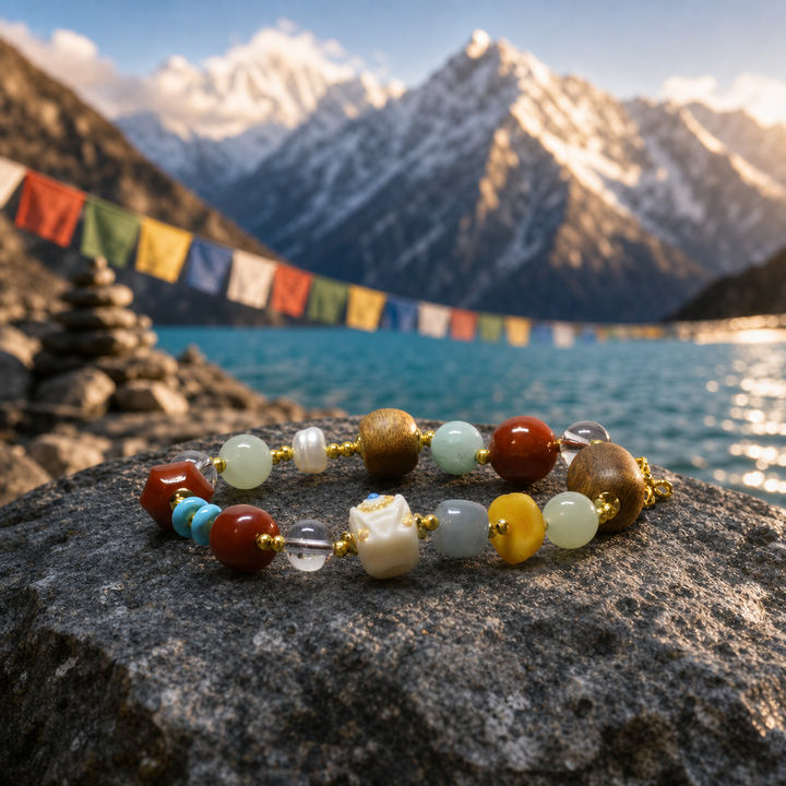 Handcrafted Himalayan Stone & Wood Mala Bracelet with Carved Evil Eye Bead, Red Agate, and Auspicious Dorje Charm
