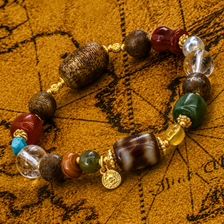 Authentic Himalayan Dzi Bead & Natural Wood Mala Bracelet with Green Jade, Red Agate, and Gold-Tone Prayer Charm
