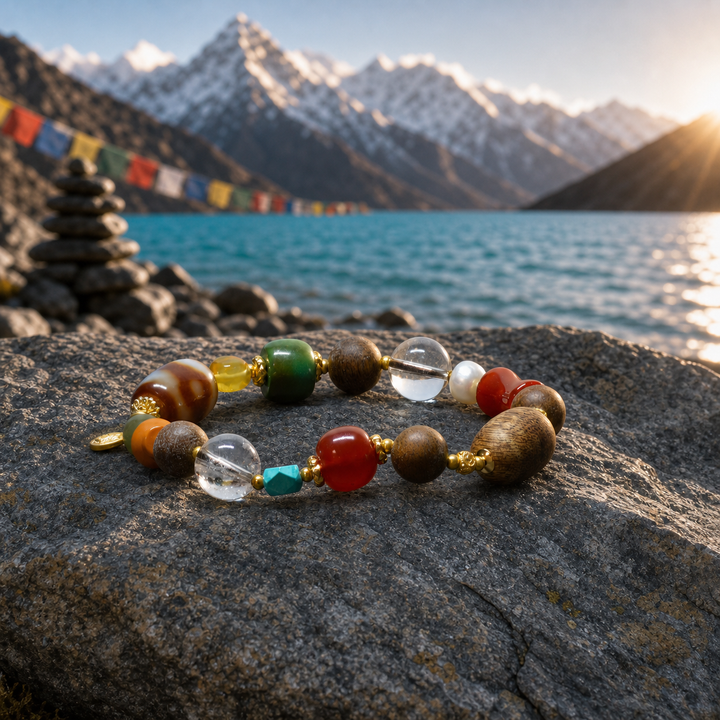 Authentic Himalayan Dzi Bead & Natural Wood Mala Bracelet with Green Jade, Red Agate, and Gold-Tone Prayer Charm