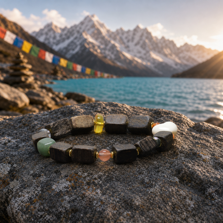 Handcrafted Dark Wood & Crystal Mala Bracelet with Carved Heart Bead, Green Jade, and Auspicious Amber Accents