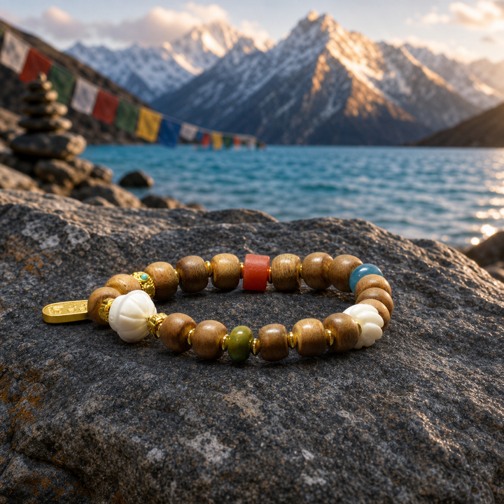 Himalayan Bodhi Wood Mala Bead Bracelet with Carved Melon Beads, Red Agate, Green Jade, and Gold-Tone Mantra Charm