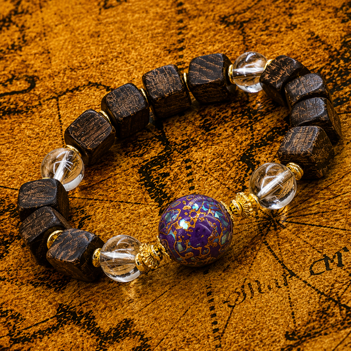 Sacred Square Bodhi Wood Bracelet with Vibrant Purple Cloisonne Centerpiece, Clear Crystal Spacers, and Ornate Gold-Tone Accents
