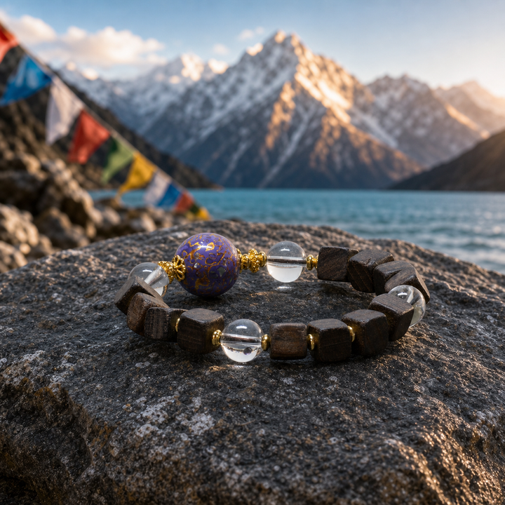 Sacred Square Bodhi Wood Bracelet with Vibrant Purple Cloisonne Centerpiece, Clear Crystal Spacers, and Ornate Gold-Tone Accents