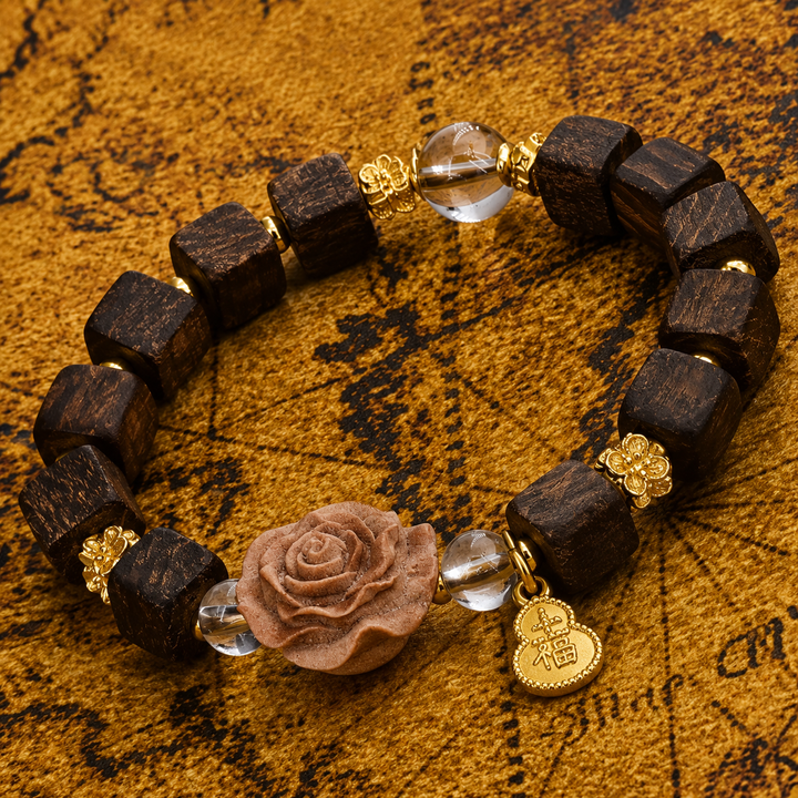 Hand-Carved Wooden Rose Focal Bead Bracelet with Square Bodhi Beads, Clear Crystal Spacers, and Lucky Gourd Charm