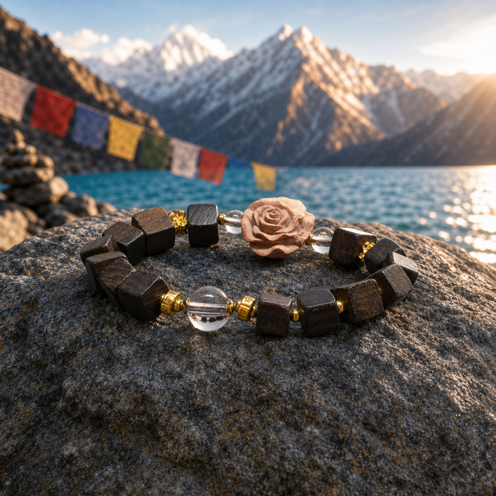 Hand-Carved Wooden Rose Focal Bead Bracelet with Square Bodhi Beads, Clear Crystal Spacers, and Lucky Gourd Charm