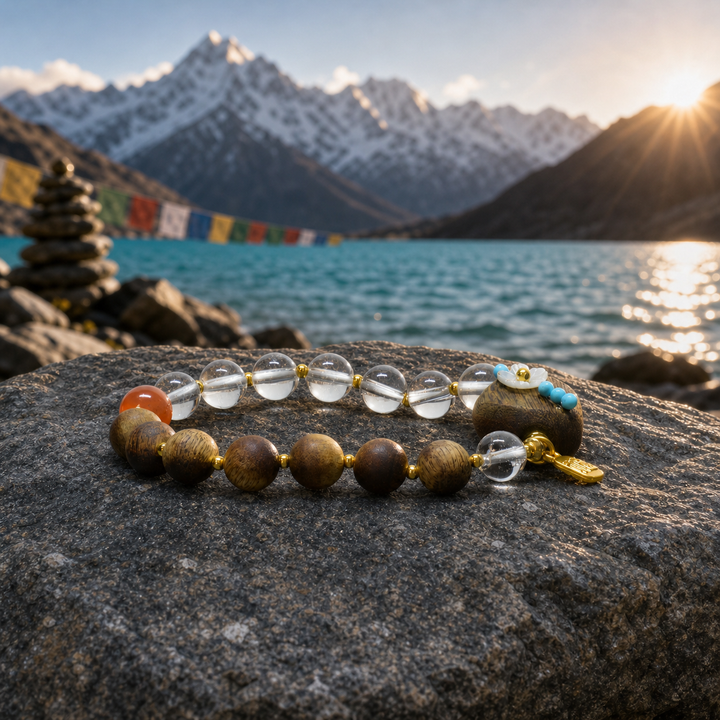 Artisanal Sandalwood and Clear Quartz Bracelet Featuring Mother-of-Pearl Blossom Accent, Carnelian Bead, and Gold Fortune Charm