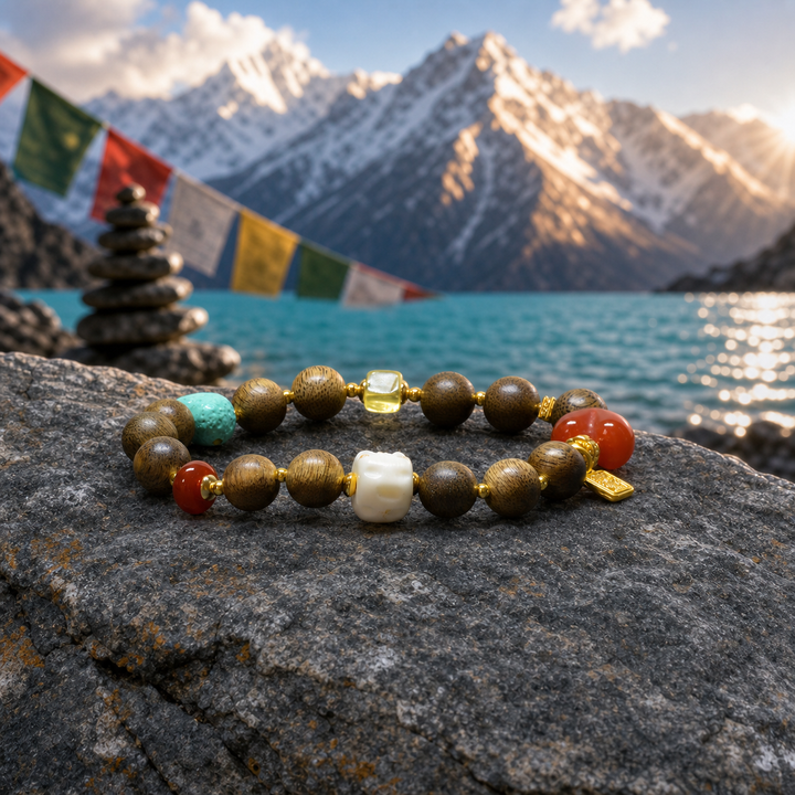 Himalayan Sandalwood and Carved Bone Skull Bead Bracelet Featuring Heart-Shaped Carnelian, Turquoise, and Gold Fortune Charm