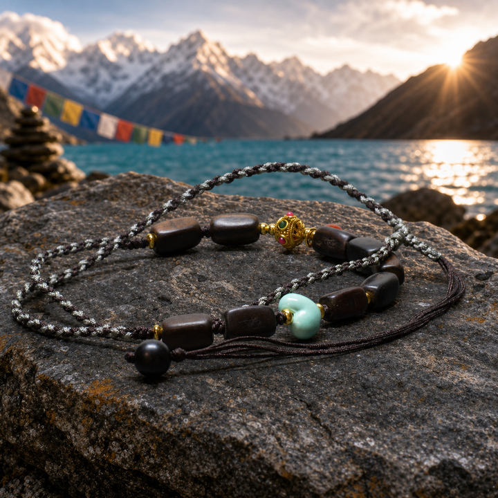 Adjustable Braided Cord Wrap Bracelet Featuring Dark Wooden Barrel Beads, Turquoise Accent, Red Carnelian, and Gold-Plated Prayer Wheel Charm