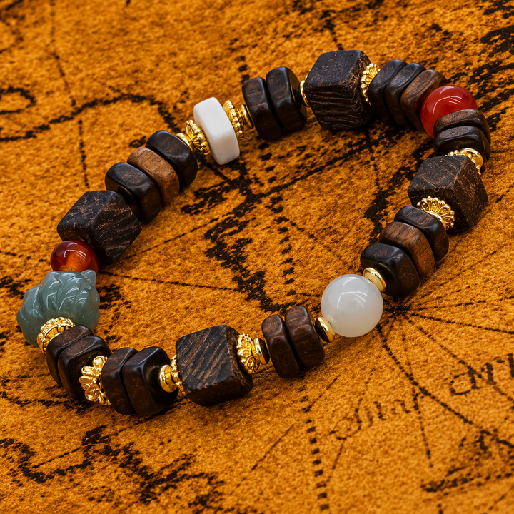 Handcrafted Himalayan Wooden Bead Bracelet with Carved Green Jade Pixiu, White Agate, Red Carnelian, and Gold-Plated Accents