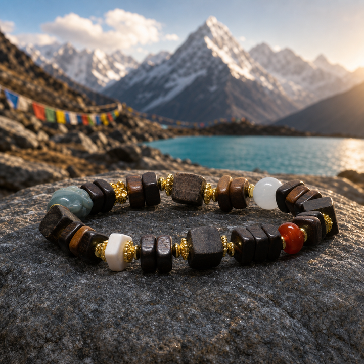 Handcrafted Himalayan Wooden Bead Bracelet with Carved Green Jade Pixiu, White Agate, Red Carnelian, and Gold-Plated Accents