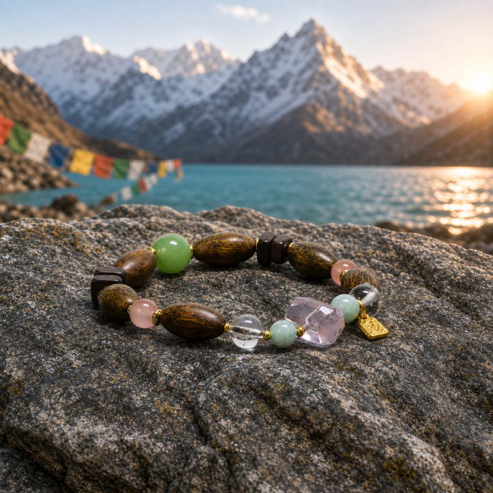 Himalayan Natural Wooden Bead and Crystal Gemstone Bracelet Featuring Faceted Pink Quartz, Green Jade, and Gold-Plated Spiritual Charm