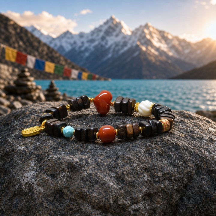 Handmade Himalayan Dark Wood Flat Bead Bracelet Featuring Red Agate Heart, Turquoise, Carved White Shell, and Gold-Plated Charms