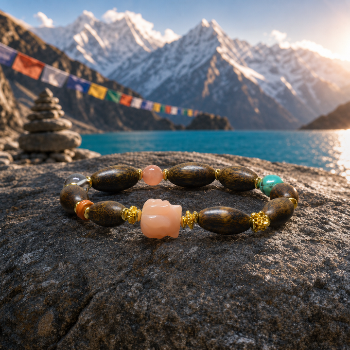 Himalayan Artisan Crafted Dark Wood Oval Bead Bracelet Featuring Carved Pink Peony Quartz, Turquoise, Clear Crystal, and Gold Accents