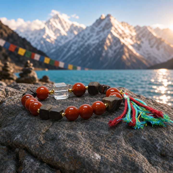 Handcrafted Red Agate & Dark Wood Beaded Bracelet Featuring Clear Quartz Cube, Gold Spacers, Lucky Charm Pendant, and Multicolored Tassel