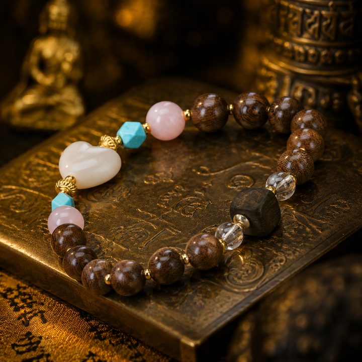 Handcrafted Wood & Gemstone Beaded Bracelet Featuring Carved White Heart Stone, Pink Agate, Turquoise, Clear Quartz, and Gold Spacers