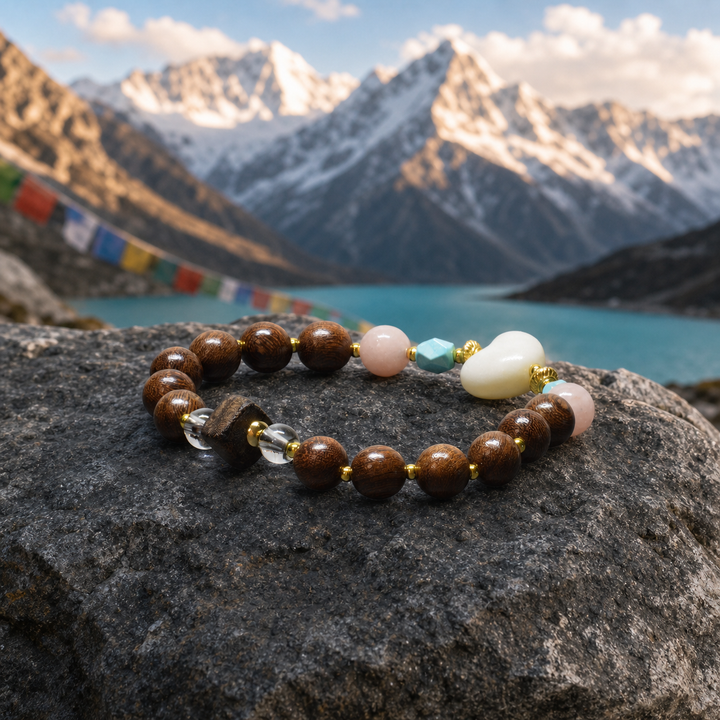 Handcrafted Wood & Gemstone Beaded Bracelet Featuring Carved White Heart Stone, Pink Agate, Turquoise, Clear Quartz, and Gold Spacers