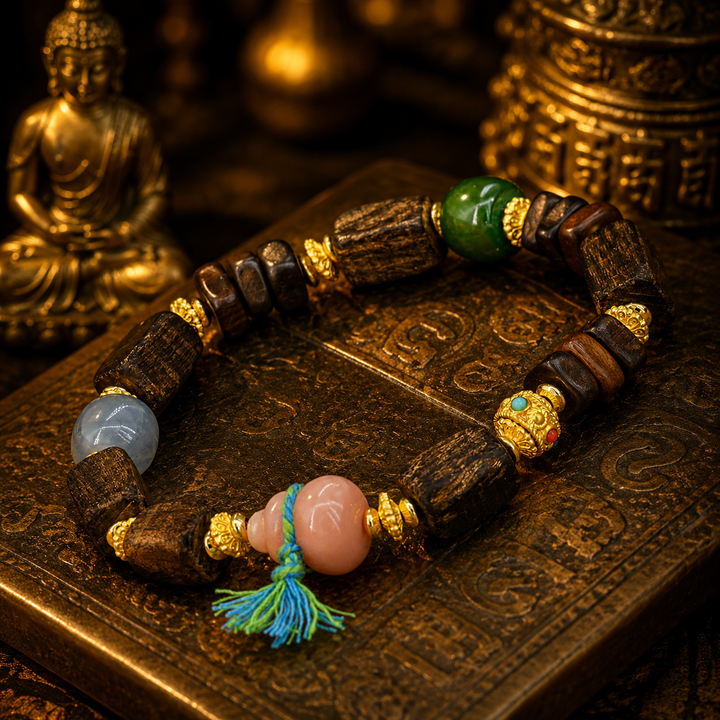 Handcrafted Dark Wood & Gemstone Beaded Bracelet Featuring Carved Gourd Pendant, Green & Blue Agate, Gold Spacers, and Woven Tassel
