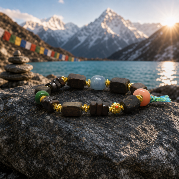 Handcrafted Dark Wood & Gemstone Beaded Bracelet Featuring Carved Gourd Pendant, Green & Blue Agate, Gold Spacers, and Woven Tassel