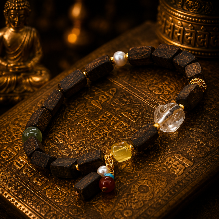 Handcrafted Dark Wood & Crystal Beaded Bracelet Featuring Engraved Pixiu Centerpiece, Amber Accent, Freshwater Pearl, and Gold Spacers